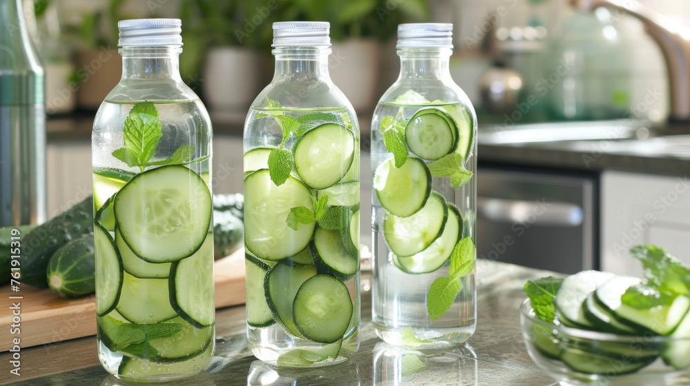 Refreshing cucumber and mint infused water in reusable bottles. Refreshing cucumber and mint infused water in reusable bottles.