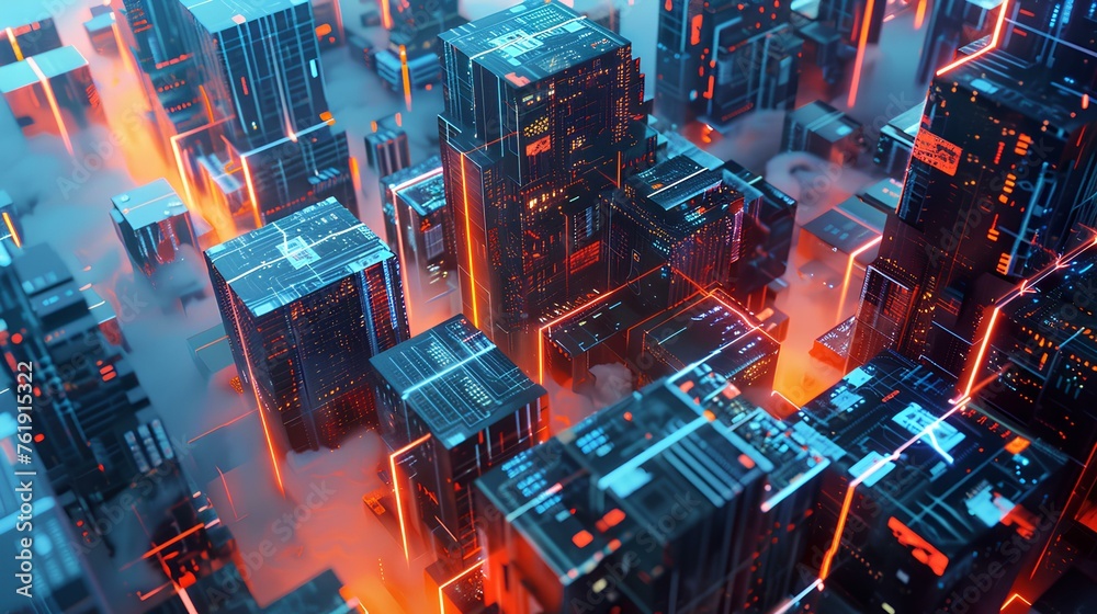 an abstract city of blockchain blocks