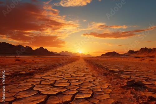 Sunset sky over desert road, cracked under heat, amidst calm natural landscape