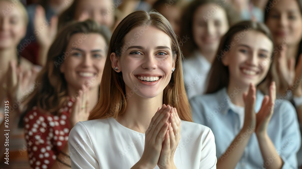 A woman is smiling and clapping with a group of people