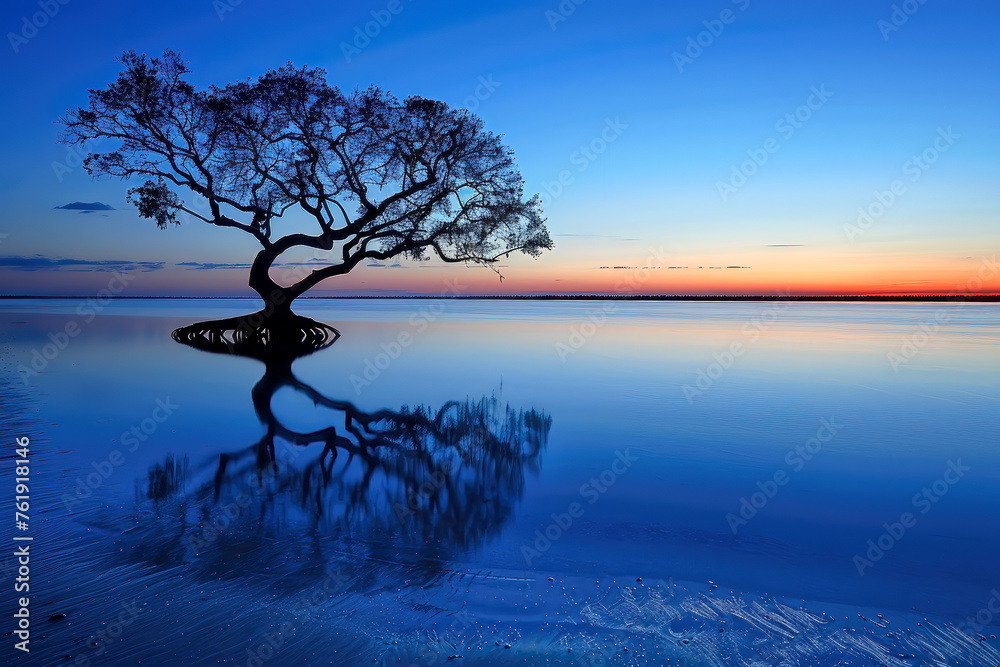 A lone tree not far off shore reflected in the calm water near sunset, generative ai - obrazy, fototapety, plakaty 