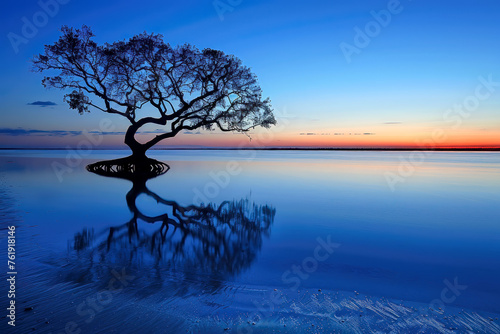 A lone tree not far off shore reflected in the calm water near sunset  generative ai