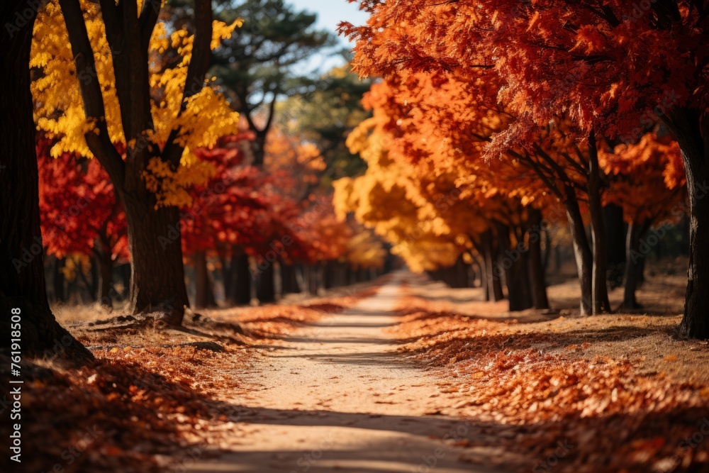 A treelined path in the park with colorful leaves creating a natural landscape