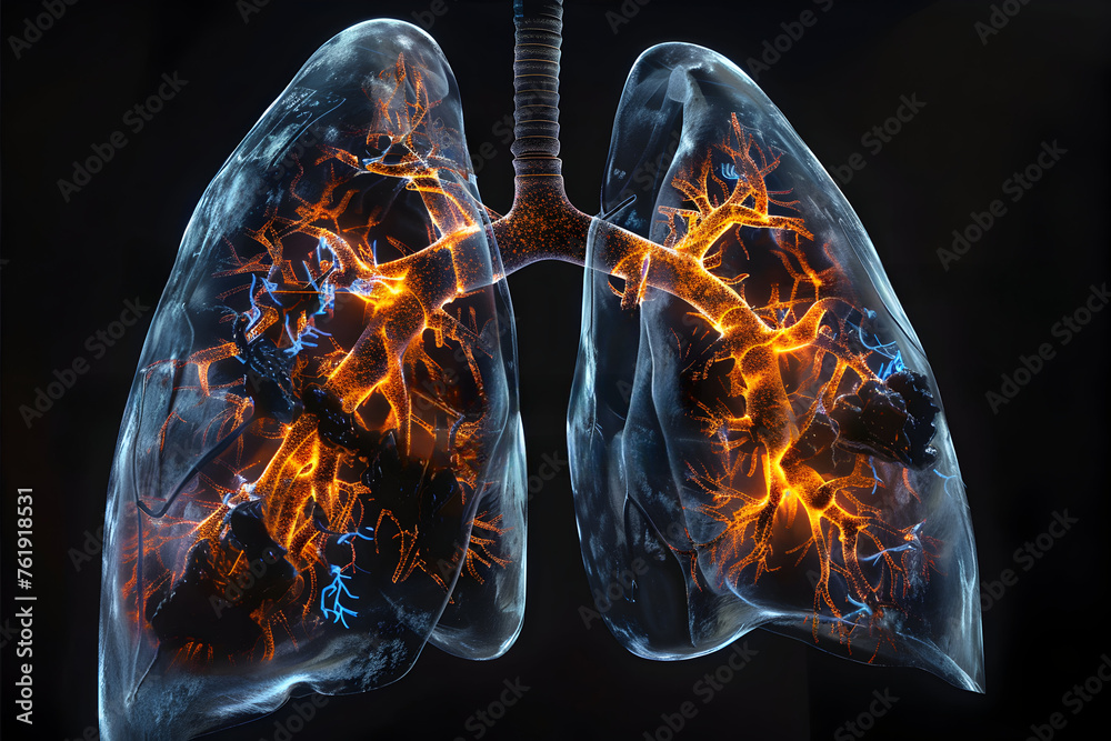 Creative Futuristic MRI scan of a smoker's lungs, incorporating advanced imaging techniques to