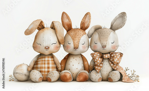 Little bunnies in pastel colors. Watercolor cute rabbit, children's vintage toys. Happy Easter concept. Spring card design.