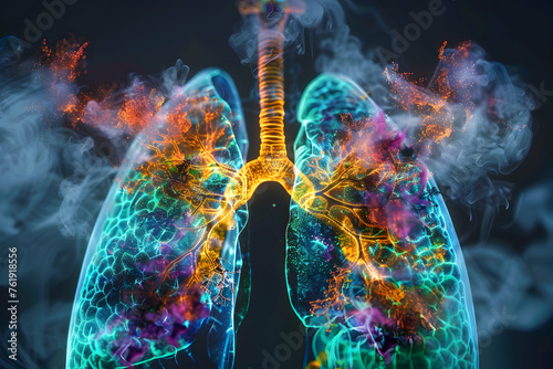 Creative futuristic rendition of an MRI scan of the lungs, with a digitally enhanced view of a lung mass. The enhancement uses color coding and 3D rendering to detail the mass's structure. Smoker aff photo