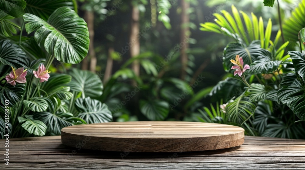 Empty wooden table and tropical plants background. For product display montage