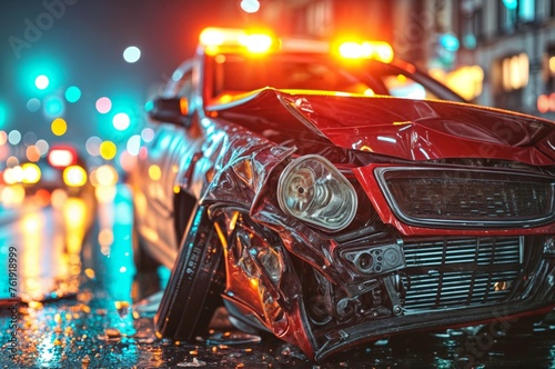 Car accident on the road at night. Close-up of a car accident. © engkiang