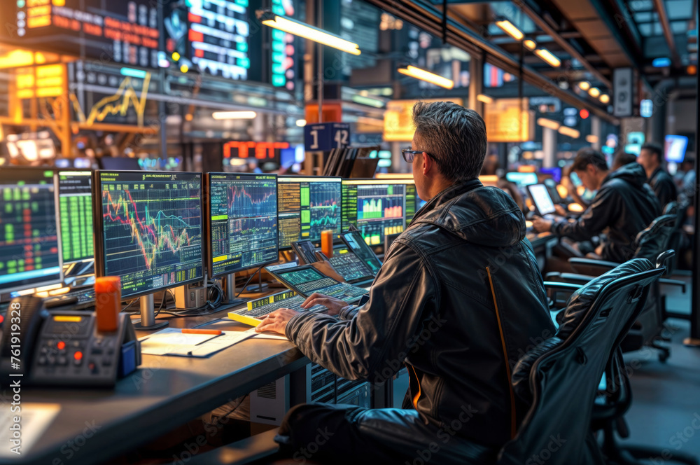 Stock exchange traders in the trading room. Stock exchange traders in the trading room.