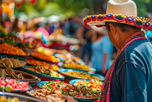 A man in a decorated sombrero examines vibrant dishes at an outdoor Mexican food market, with blurred background.