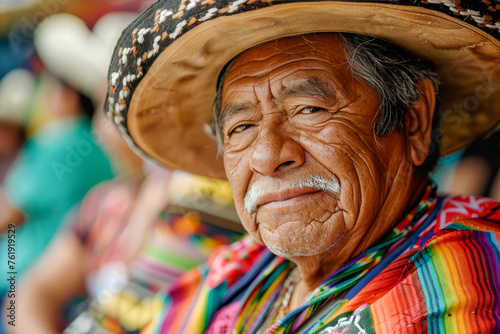 Elderly Man Wearing Traditional Sombrero and Colorful Attire