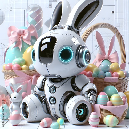 Ai generated Happy Easter  futuristic 3D Bunny robot and cute bunny with colorful easter eggs with a basket filled easter eggs background to decorate your holiday