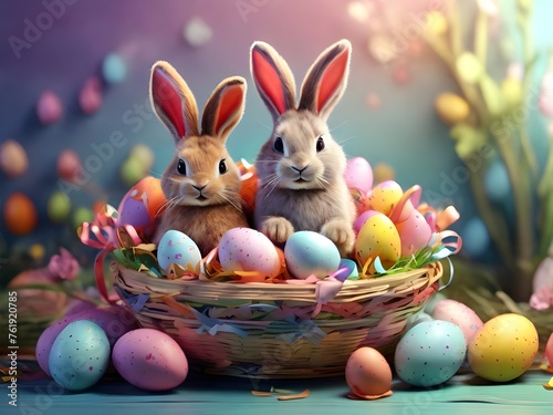 Ai generated Happy Easter, cute bunny with colorful easter eggs with a happy expression with a basket filled with easter eggs background to decorate your holiday © LordOttori