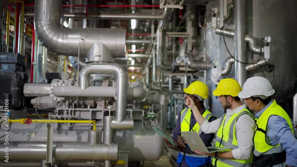 Group of Diversity electrical engineer in safety uniform working together at factory site control room. Industrial technician worker maintenance and checking power system at manufacturing plant room.