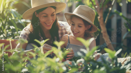 Happy moment of mother and daughter gardening together.  photo