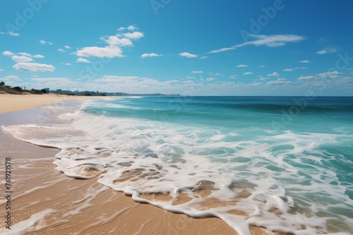 Beach with waves crashing on sunny day, natural landscape