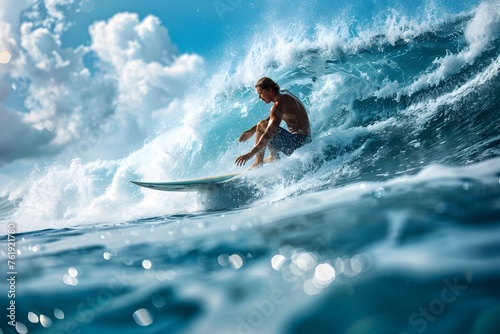 Illustration of a beautiful view In photographing surfers, the turquoise water and beautiful sunlight can be used in travel advertisements to promote tourist attractions that offer outdoor activities.
