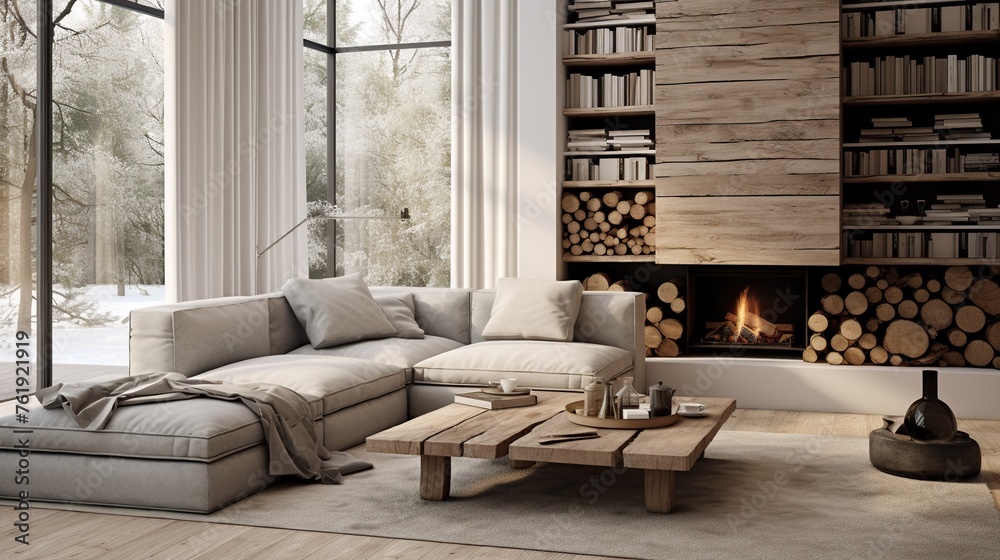 Interior design of modern trending living room inspired by scandinavian minimalism and elegance  - obrazy, fototapety, plakaty 