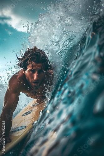 Illustration of a beautiful view In photographing surfers, the turquoise water and beautiful sunlight can be used in travel advertisements to promote tourist attractions that offer outdoor activities.