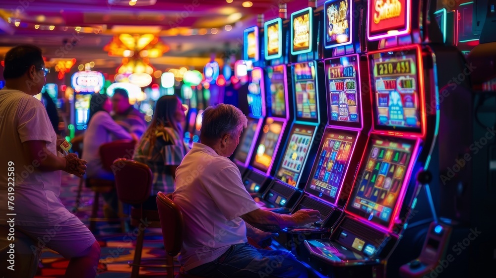 photo of people gambling playing and sitting in casino on slot machines hoping for a jackpot. crowded hall. wallpaper background 16:9
