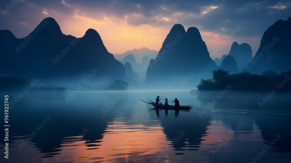 Guilin's Enchantment: Mist-Kissed Peaks & Li River Dreamscape - obrazy, fototapety, plakaty 
