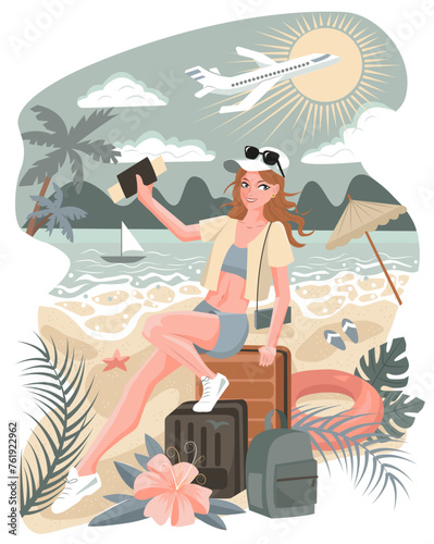 Vector cartoon illustration with young beautiful woman with luggage on vacation on beach against seascape. Summer background, travel concept, flat design. 