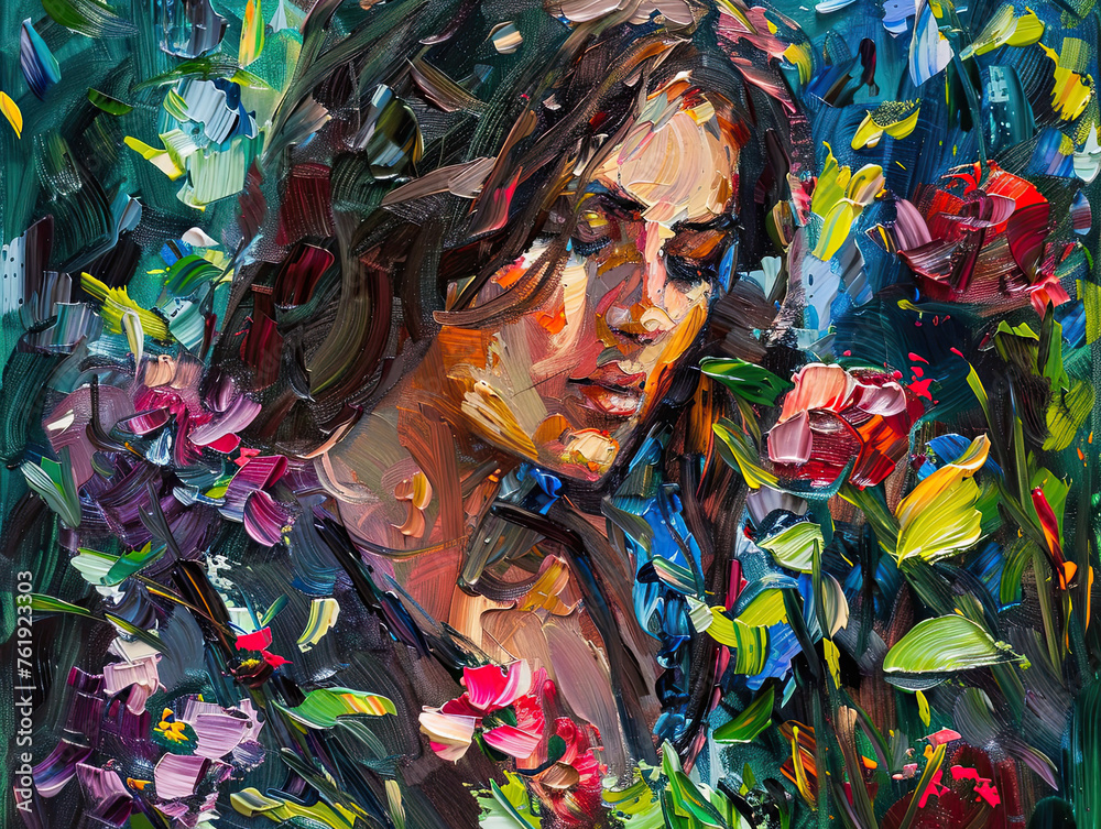 Reflections in the Garden. An oil painting reveals a woman in deep contemplation, her visage merging with a riot of colorful garden blooms rendered in bold, expressive strokes.
