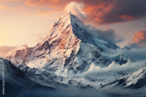 Snowy mountain with cloudfilled sky creating an atmospheric natural landscape