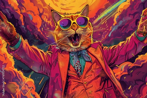 Cat boss celebrating in hell, infernal party, medium shot, dynamic lighting, Psychedelic funk art