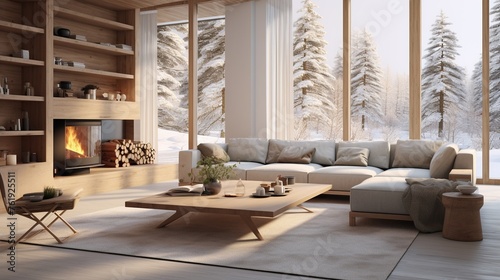 Interior composition of modern up class living room inspired by scandinavian elegance 