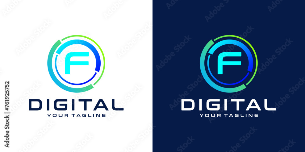 letter F logo design template technology, modern circle logo digital, technology, connection, data, media, circle line