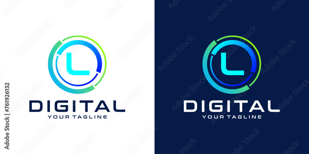 letter L logo design template technology, modern circle logo digital, technology, connection, data, media, circle line