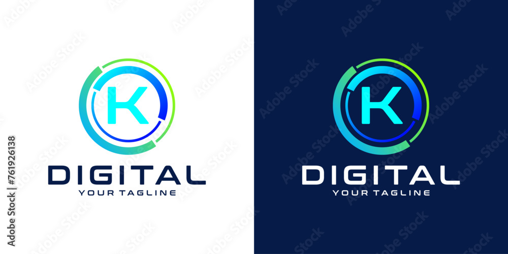 letter K logo design template technology, modern circle logo digital, technology, connection, data, media, circle line