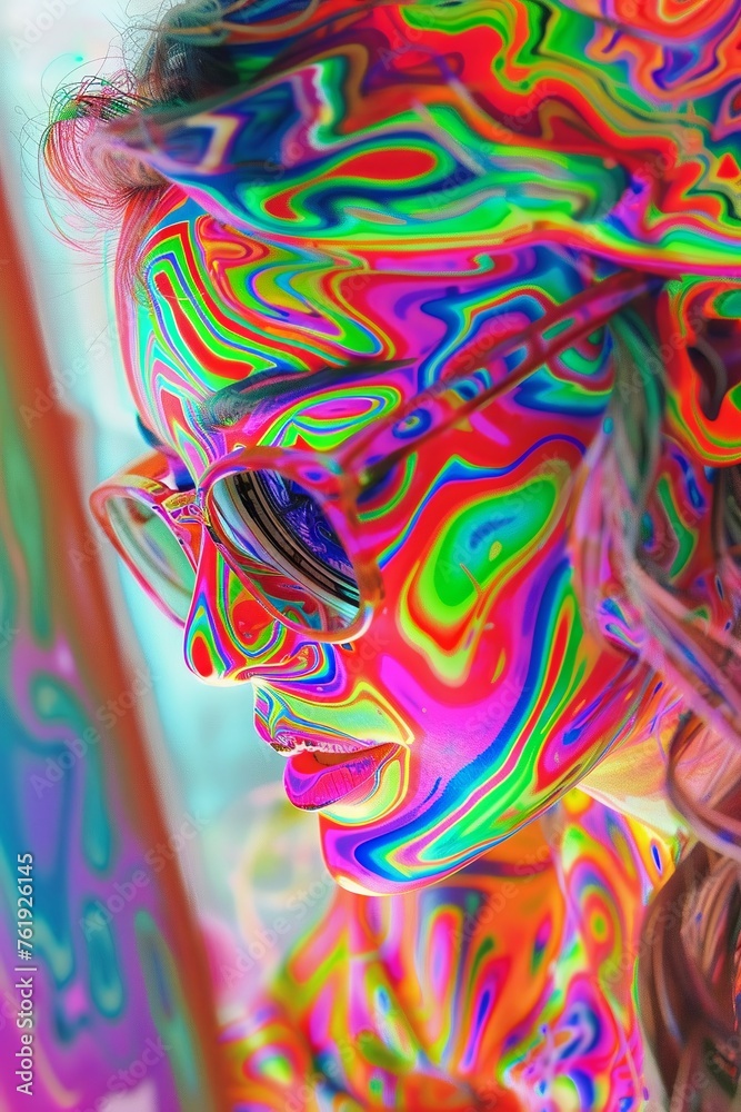 Girl with laptop, imagination flowing into rainbow, bright day, wide lens, Psychedelic funk art