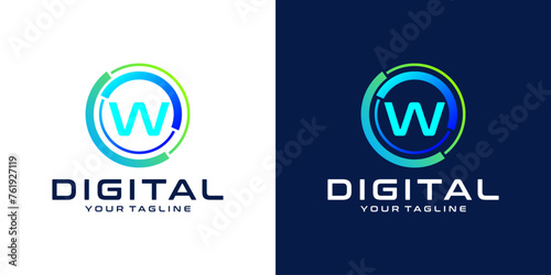 letter W logo design template technology, modern circle logo digital, technology, connection, data, media, circle line