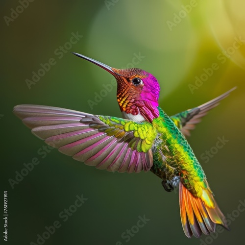 A tiny, iridescent hummingbird hovers near a flower, its wings a blur as it sips nectar © Yanwit