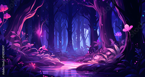 a purple fairy land with a waterfall in the middle of it