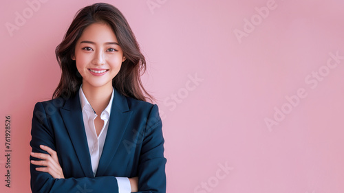 Asian businesswoman smile in formal white blue suit arm cross isolated