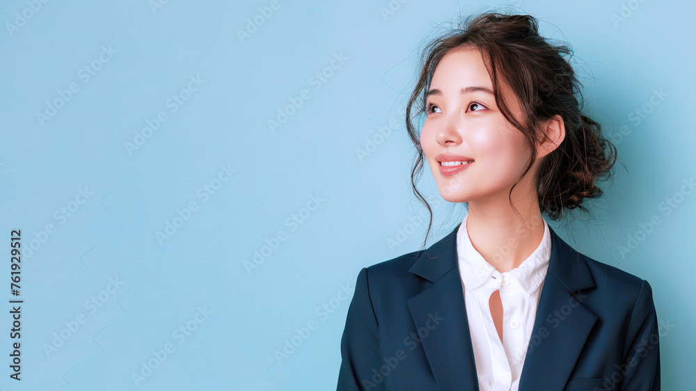 Asian businesswoman smile in formal white blue suit looking up side view Asian businesswoman smile in formal white blue suit looking up side view