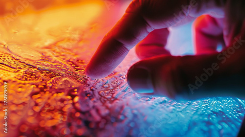 A scientists finger touching a section of a heatsensitive material causing a vivid color change to occur within seconds. photo