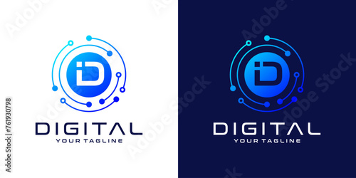 Letter D logo design template, Abstract point connection technology, digital, data and circle circuit technology