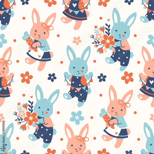 Easter vector seamless pattern with cute bunnies and decorations. Funny holiday background. Bright fabric design, repeat pattern.