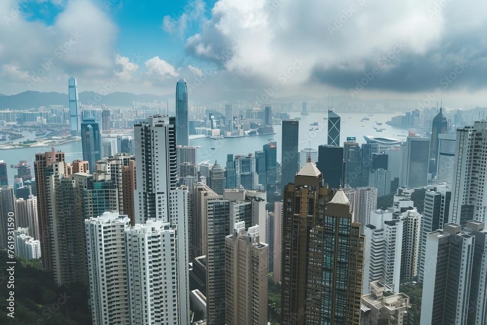 Fototapeta premium Ascend to the top of a towering skyscraper and gaze out over the city below, marveling at the sea of buildings stretching as far as the eye can see, Generative AI