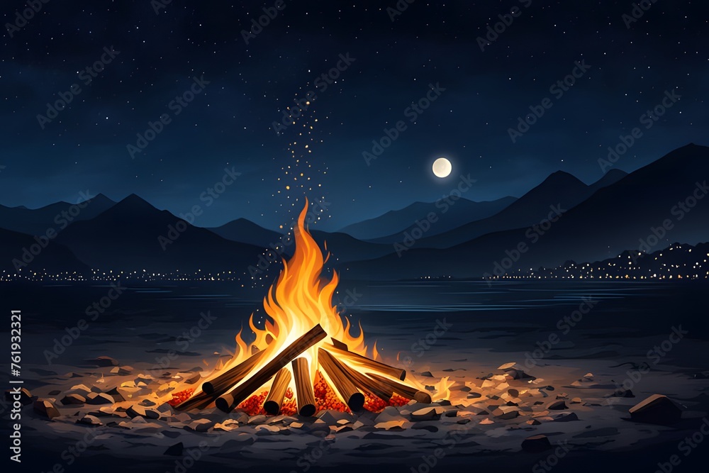 Realistic illustration of holika dahan bonfire. - obrazy, fototapety, plakaty 