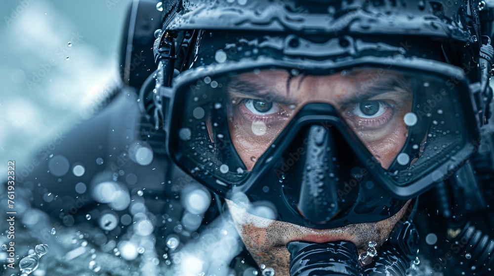 Man in Gas Mask Submerged in Water Man in Gas Mask Submerged in Water