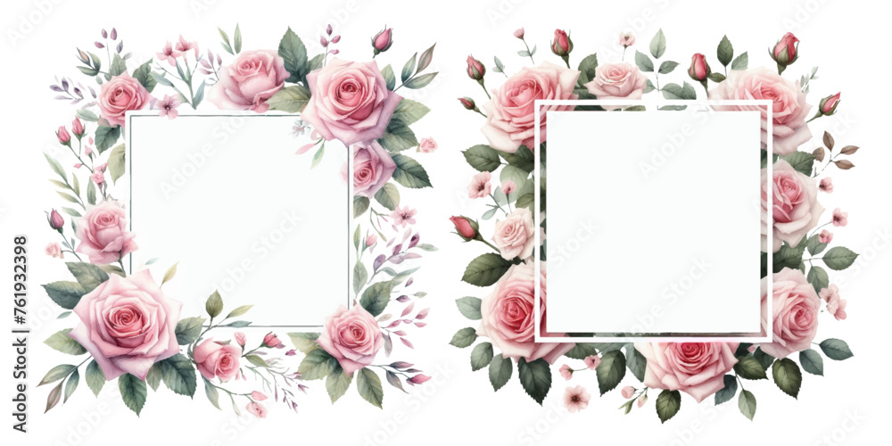 Pink rose frame watercolor illustration material set