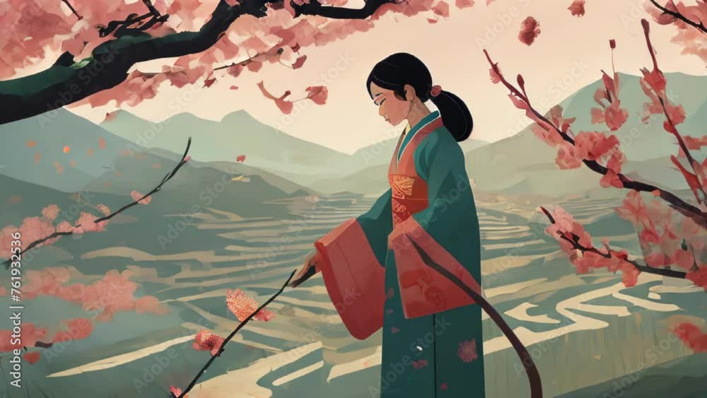 Illustration of a woman reading a book of poetry under a cherry blossom ...