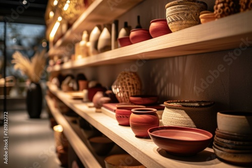 A shelf filled with various types of pottery. Generative AI. photo