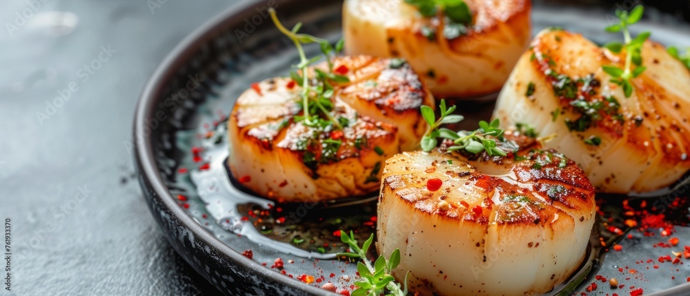 Seared scallops with sweet chilli sauce on plate, close up.  Wide horizontal banner. 