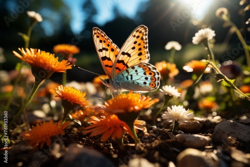 Butterfly on flower in field, pollinating plants in natural landscape